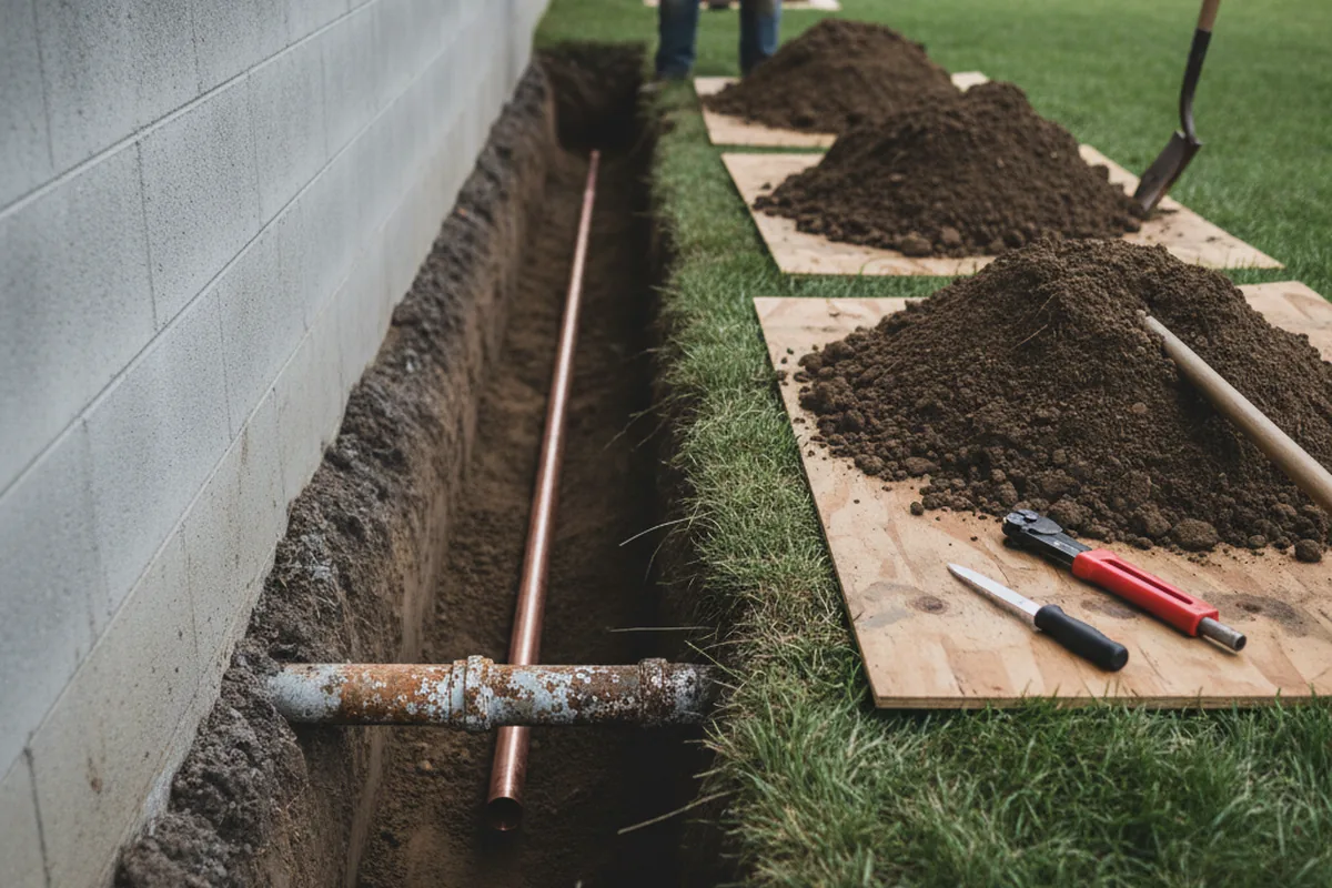 Excavated water line trench during Water Heater Repair in Greeneville